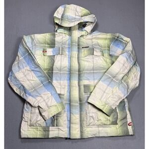 Foursquare Snowboard Jacket Mens Medium Green Blue Madras Insulated Softshell